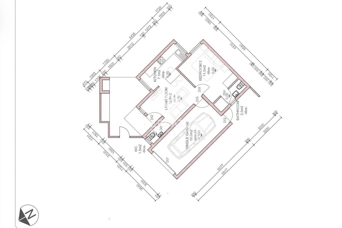 Architectural floor plan showing the layout of a residential unit including a kitchen, living room, bedroom, bathroom, WC, and a single garage.