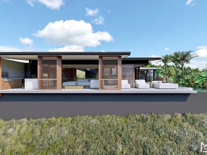 A modern architectural rendering of a rear exterior elevation featuring a spacious covered patio, built-in barbecue, and timber privacy screens.