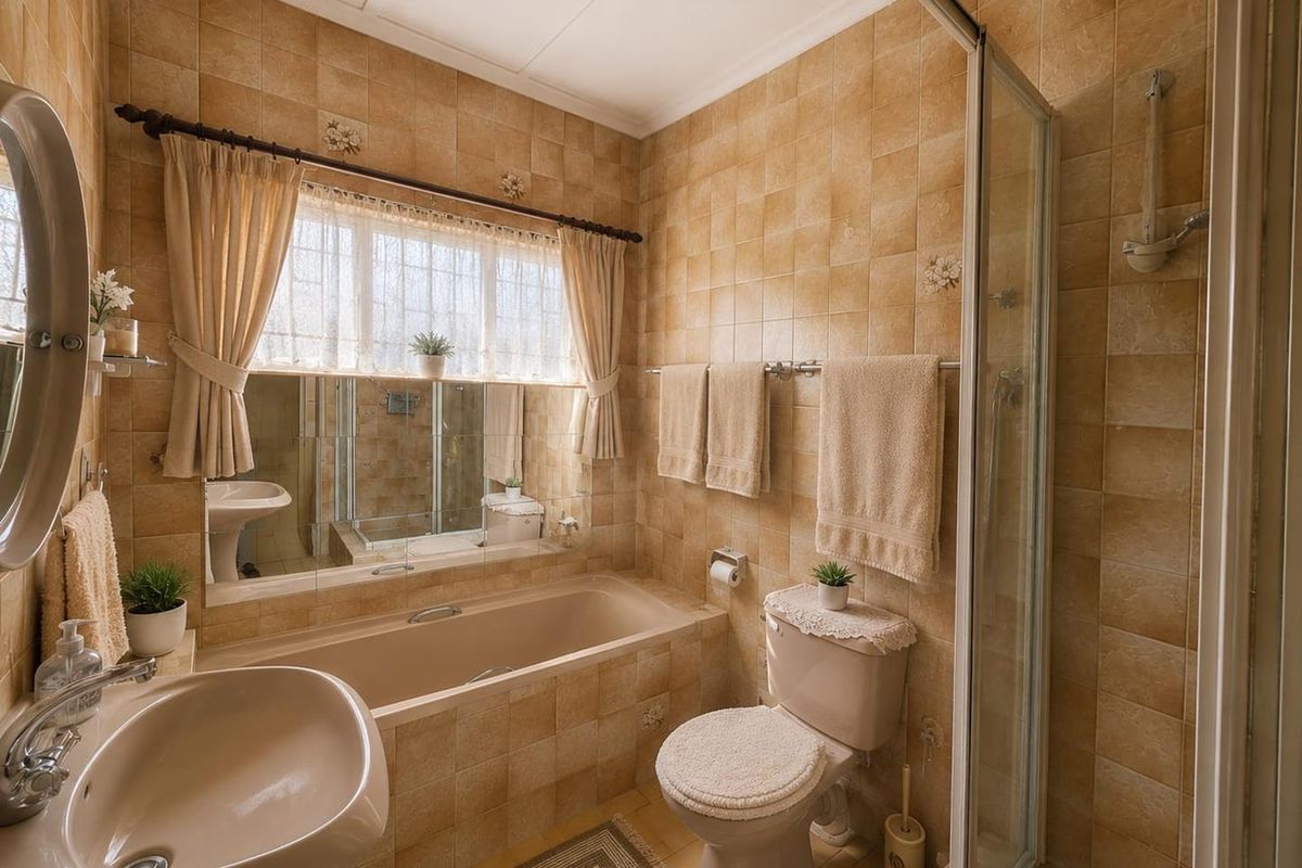 A functional bathroom featuring a built-in bathtub, separate shower enclosure, pedestal basin, and toilet, finished with neutral-toned wall and floor tiles.