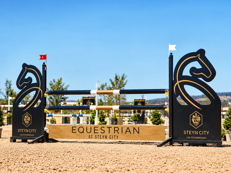 A professional equestrian show jumping obstacle set within a well-maintained sand arena at Steyn City.