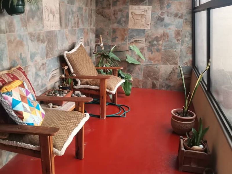 Enclosed patio area featuring slate wall tiles, a painted concrete floor, and large aluminium-framed windows providing natural light.
