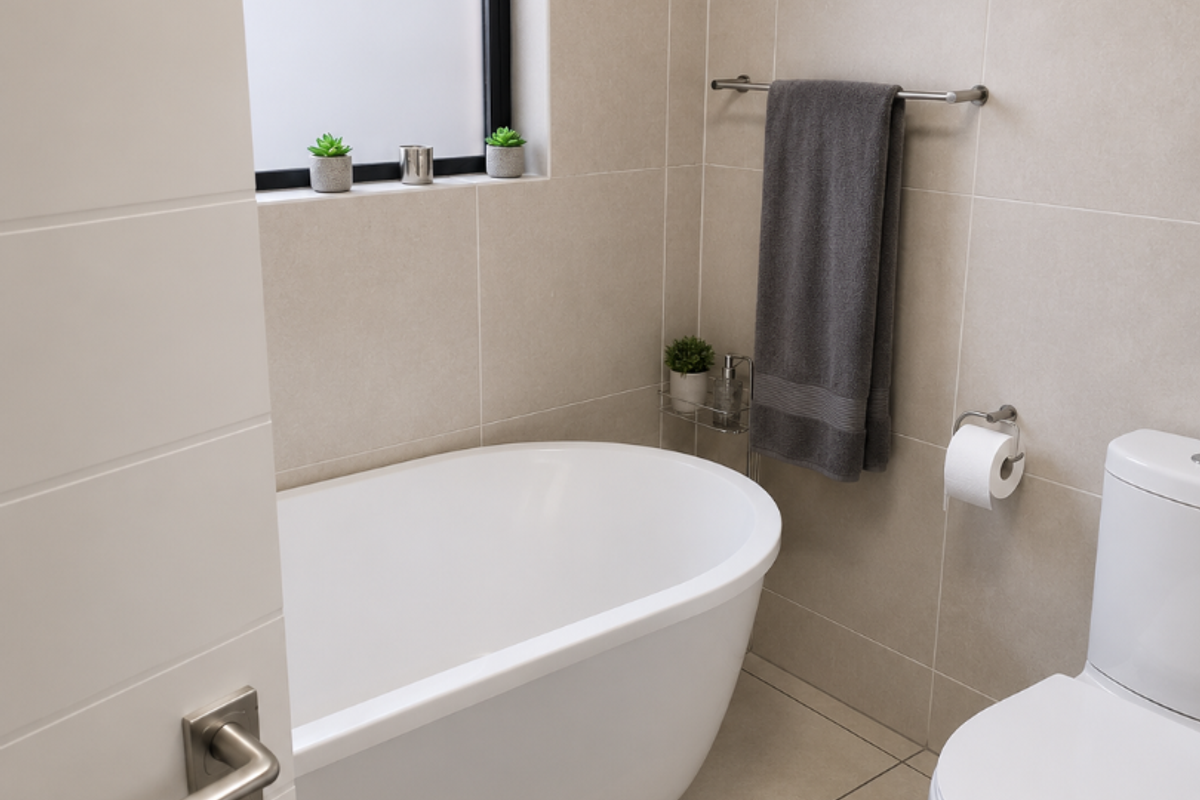 Modern bathroom featuring a sleek freestanding bathtub, neutral wall tiling, and a contemporary toilet, complemented by a frosted window for privacy.