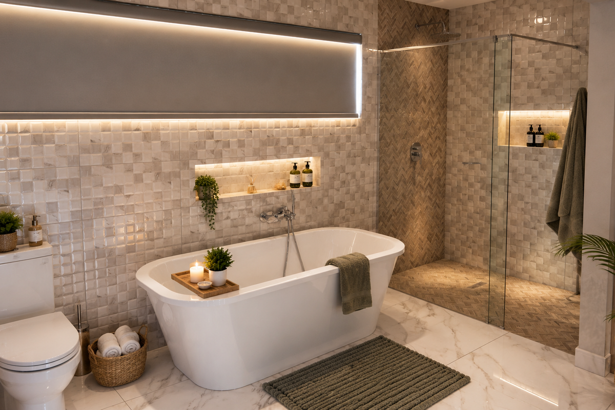 Modern bathroom featuring a freestanding bathtub, glass-enclosed walk-in shower, wall-mounted toilet, and elegant tiled finishes with integrated ambient lighting.