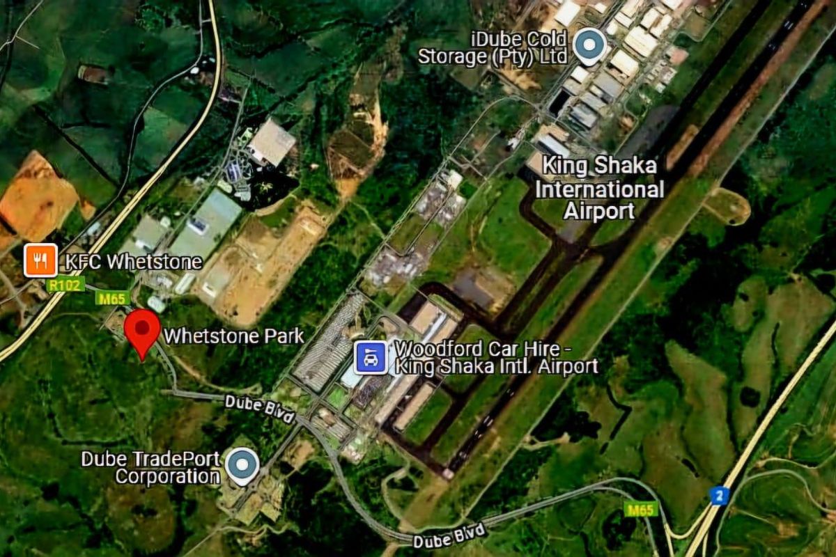 An aerial map view showing the location of the property in relation to King Shaka International Airport and surrounding industrial infrastructure.