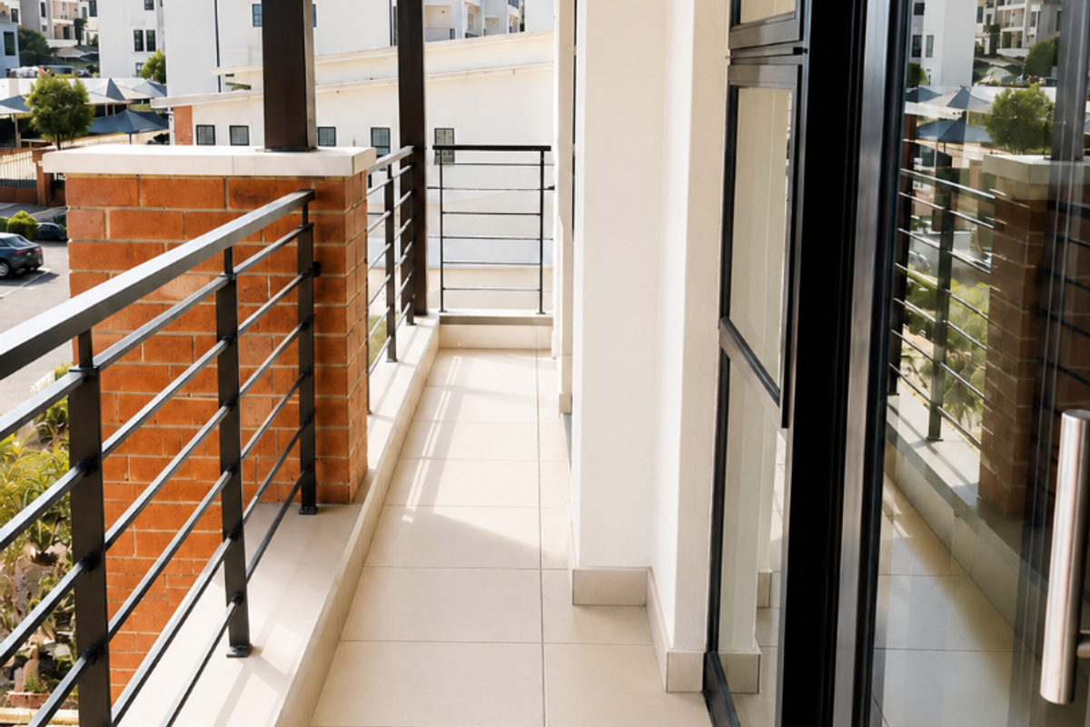 A clean, modern balcony featuring tiled flooring, a metal balustrade, and a covered pergola, providing a bright outdoor space with sliding glass door access.