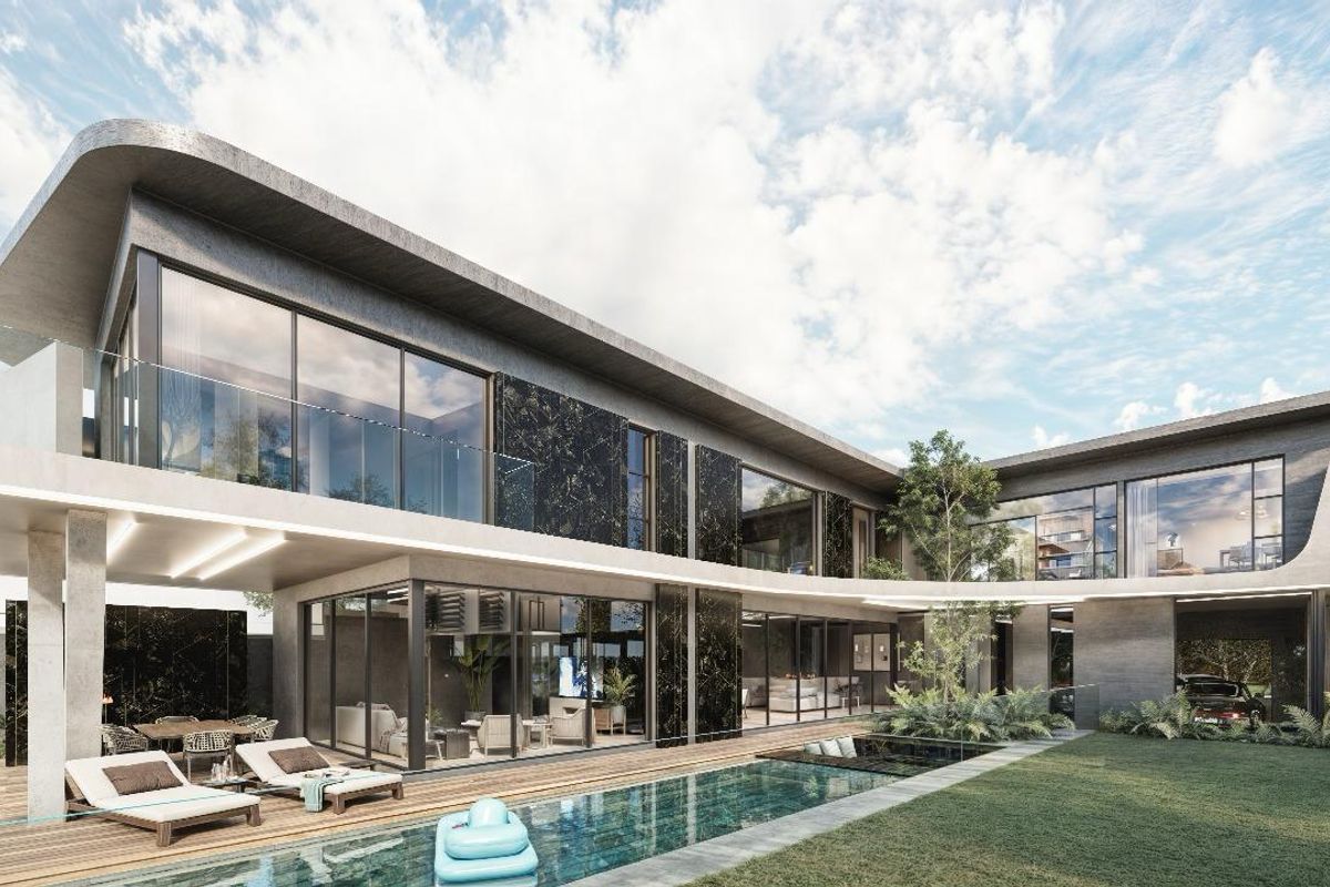 Modern luxury residence featuring a swimming pool, expansive timber decking, floor-to-ceiling glass walls, and elegant marble cladding in a beautifully landscaped outdoor setting.