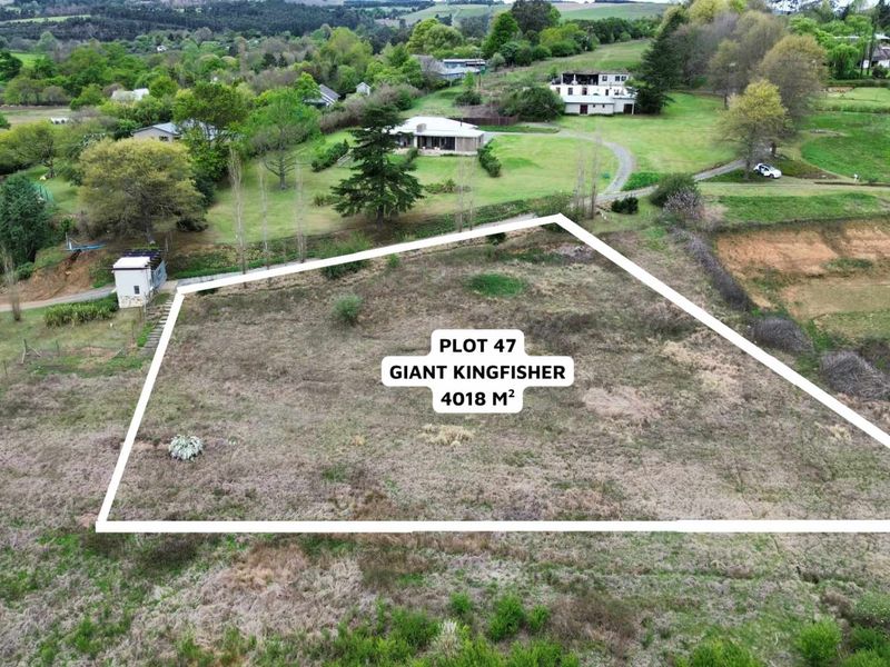 Aerial view of a 4018 square meter vacant residential plot, identified as Plot 47 Giant Kingfisher, situated in a rural landscape.