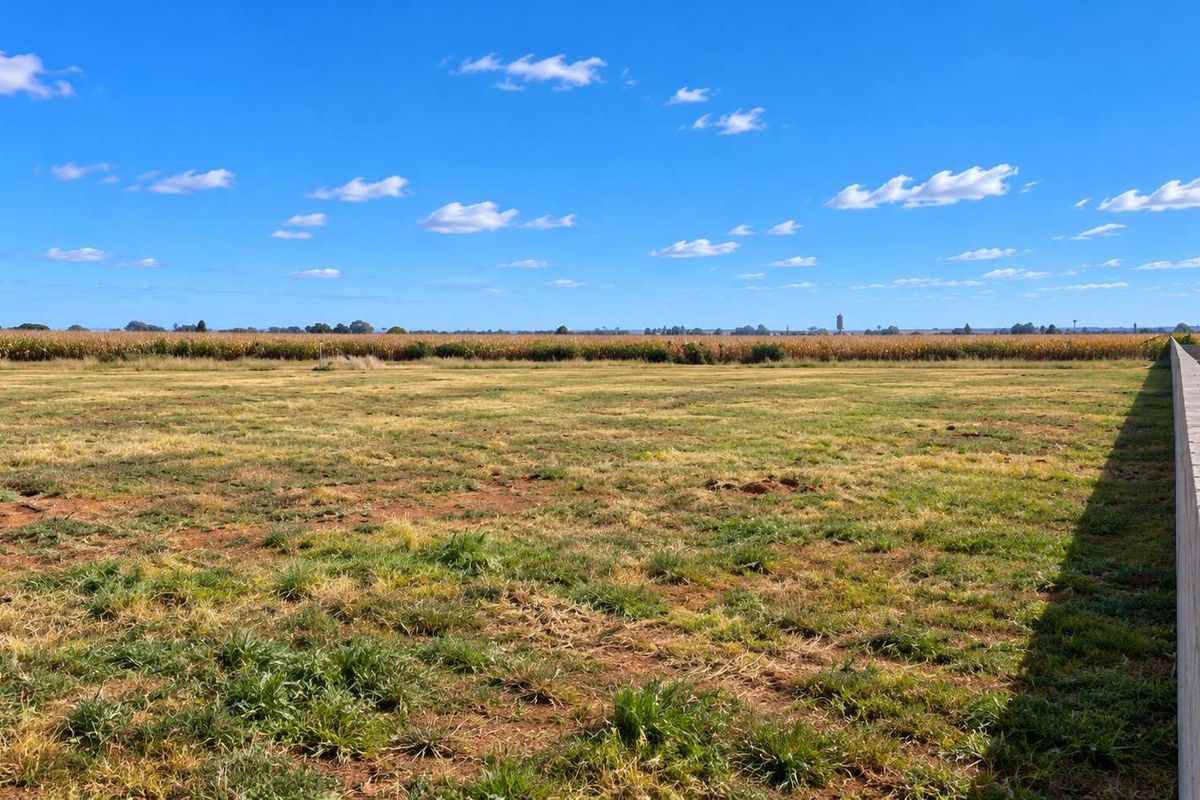 A spacious, level vacant residential plot featuring a boundary wall and open views of the surrounding landscape.