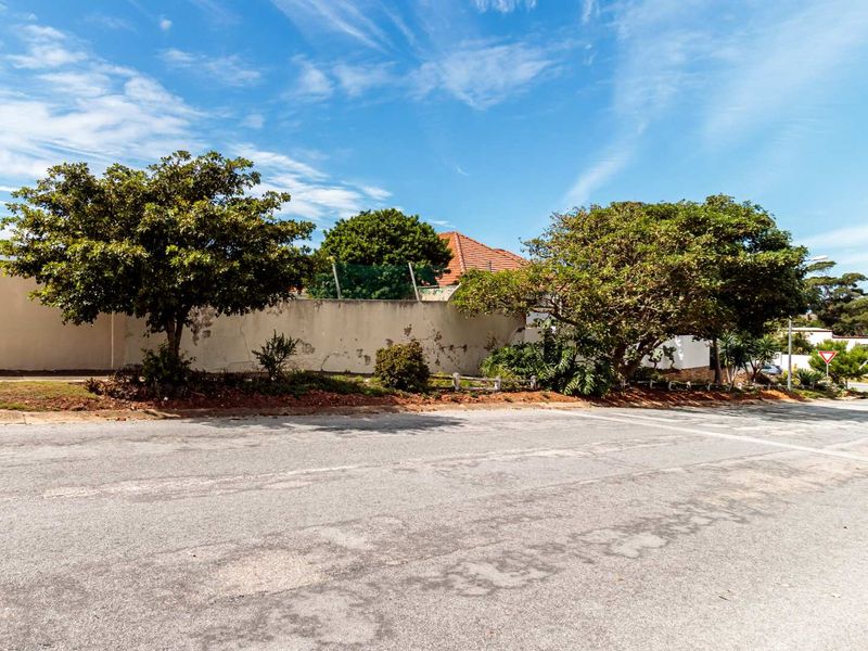 Street view of the property boundary featuring mature trees and a perimeter wall showing signs of wear and weathering.