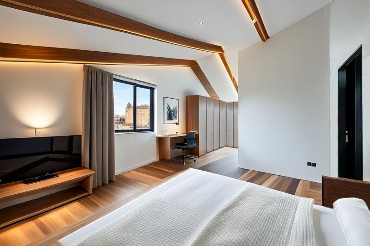 Modern bedroom featuring exposed timber beams, recessed lighting, hardwood flooring, and extensive built-in cabinetry with an integrated desk area.