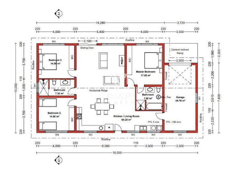 Architectural floor plan showing a residential layout with three bedrooms, two bathrooms, an open-plan kitchen and living area, and an attached garage.