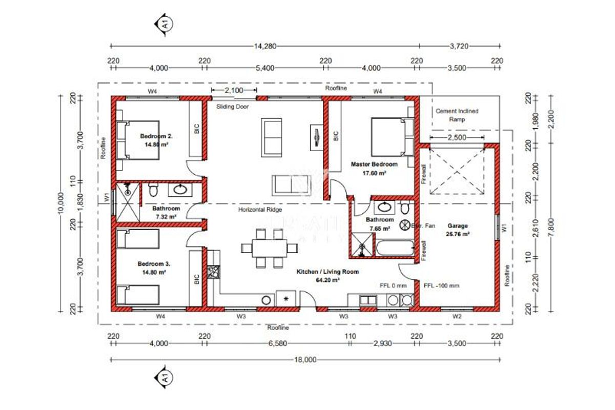 Architectural floor plan showing a residential layout with three bedrooms, two bathrooms, an open-plan kitchen and living area, and an attached garage.