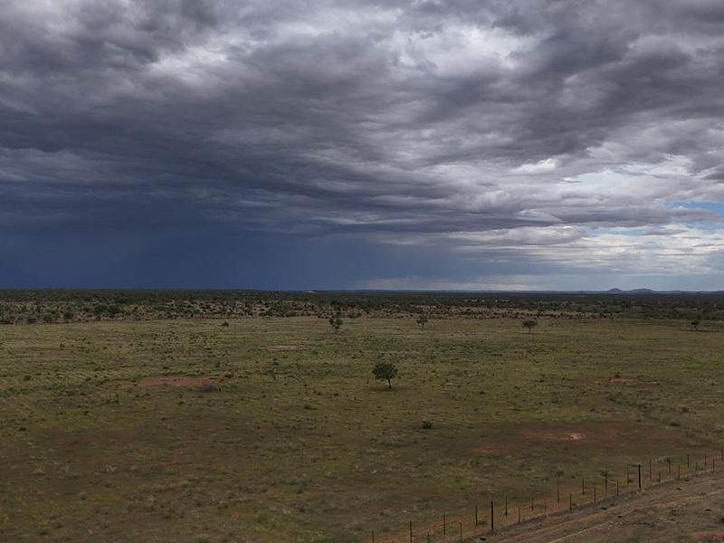 Expansive view of the open farm landscape under a dramatic cloudy sky, featuring natural vegetation and perimeter wire fencing.