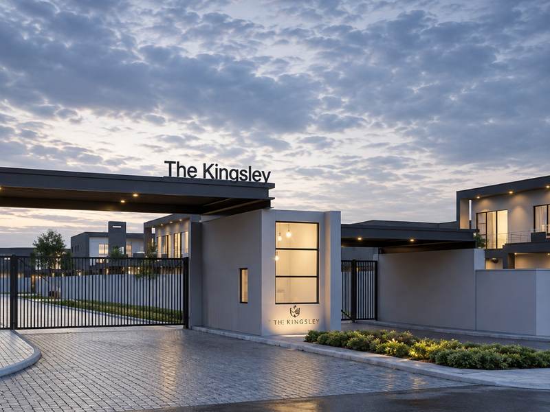 Modern gated entrance to The Kingsley residential estate, featuring a secure guard house, paved driveway, and contemporary architectural design.