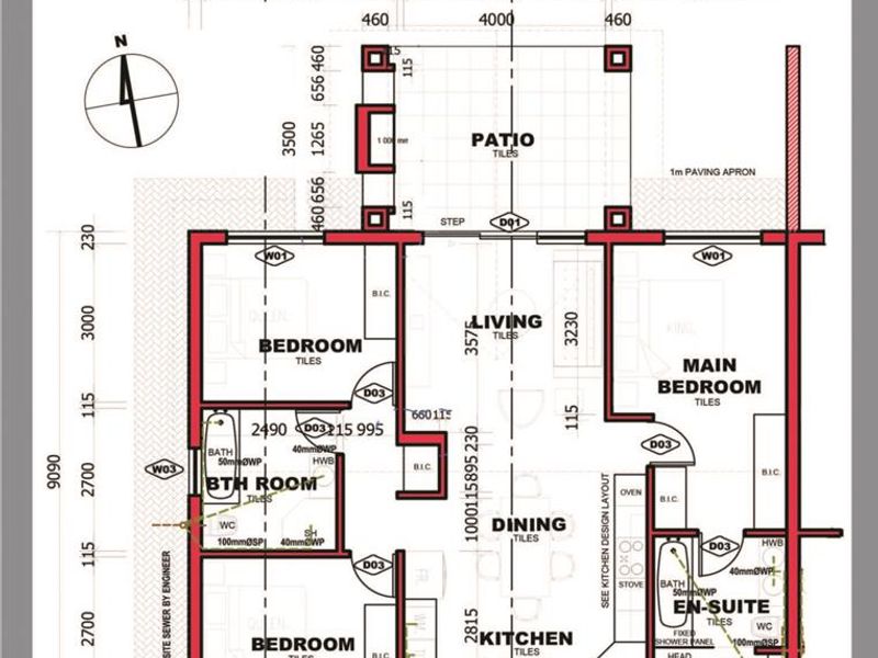 Architectural floor plan for a three-bedroom, two-bathroom simplex townhouse unit, detailing room dimensions, layout, and exterior patio area.