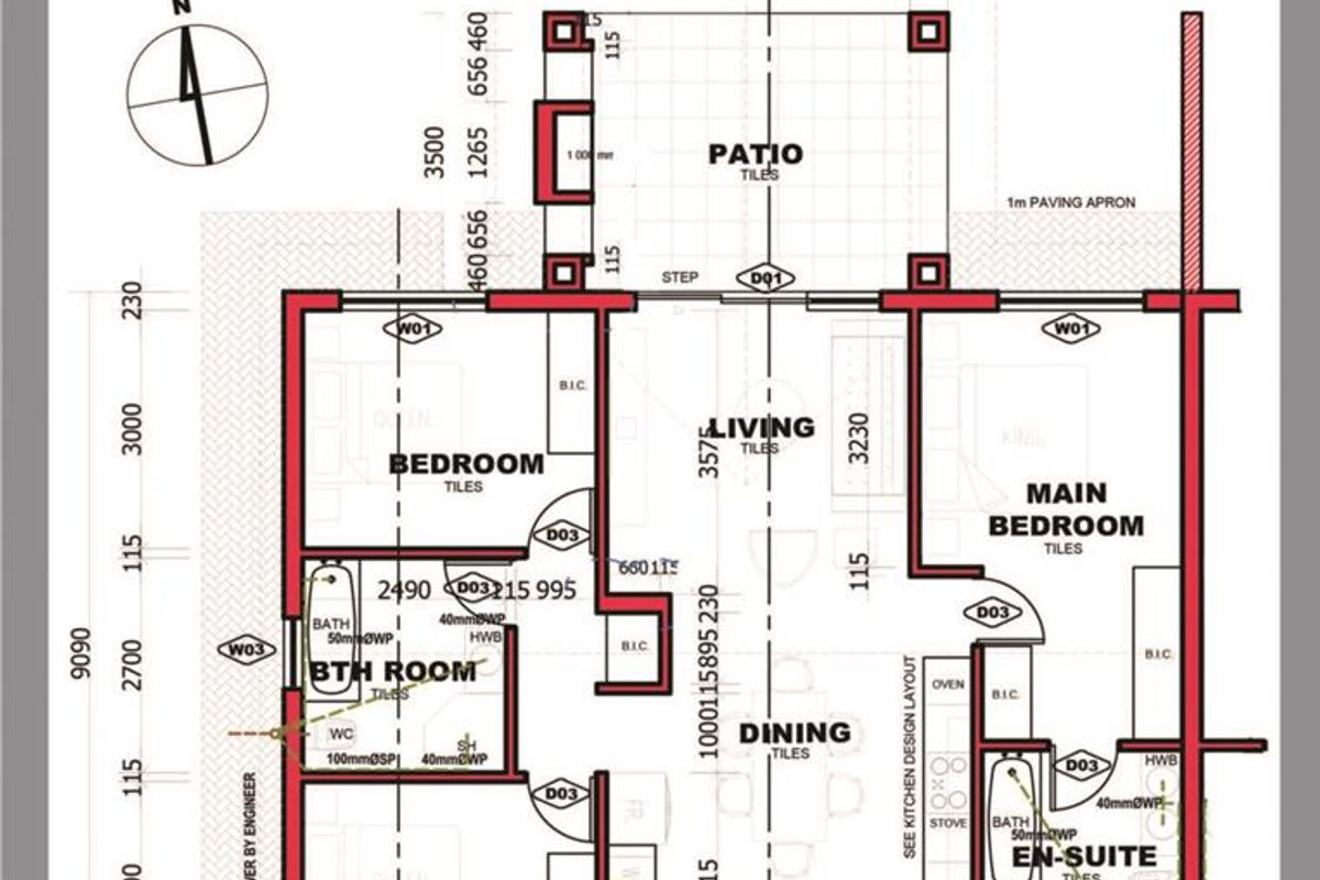 Architectural floor plan for a three-bedroom, two-bathroom simplex townhouse unit, detailing room dimensions, layout, and exterior patio area.