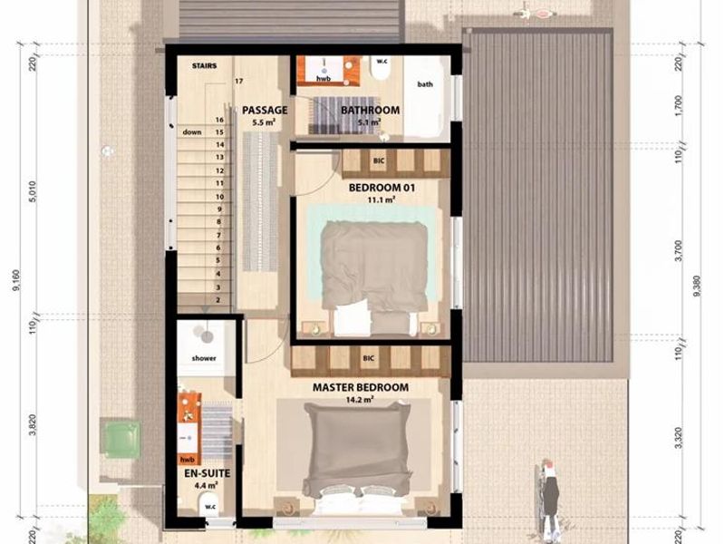 Architectural floor plan for the first floor of a two-bedroom townhouse unit, detailing room dimensions, layout, and fixed bathroom and bedroom fixtures.