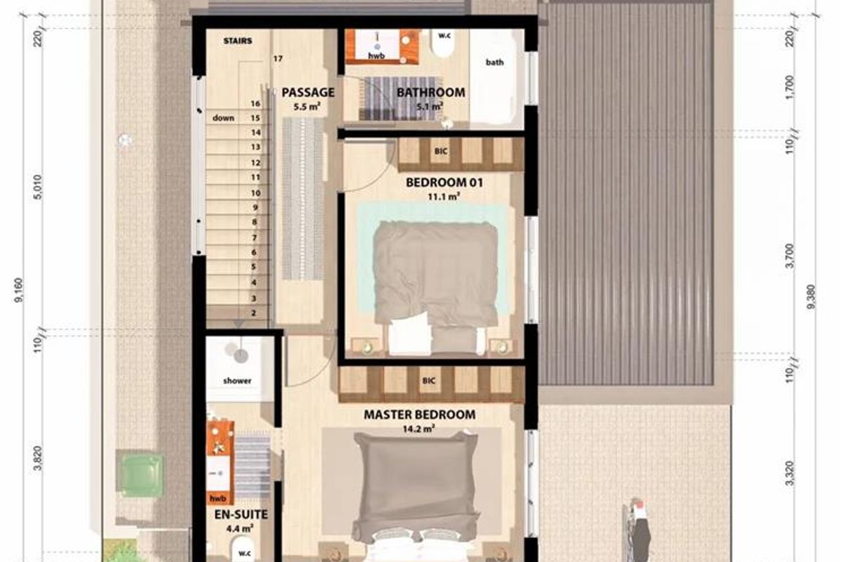 Architectural floor plan for the first floor of a two-bedroom townhouse unit, detailing room dimensions, layout, and fixed bathroom and bedroom fixtures.