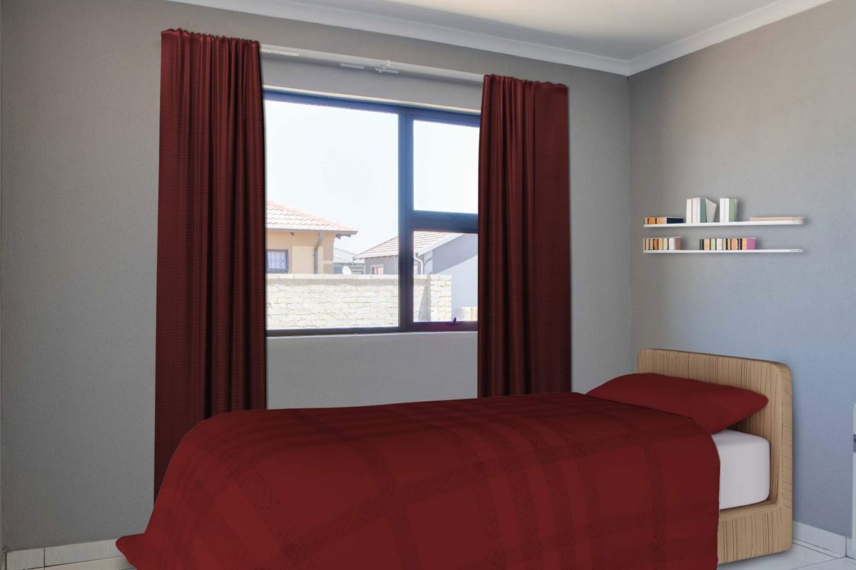 A bedroom featuring neutral walls, tiled flooring, and a window with dark red curtains.