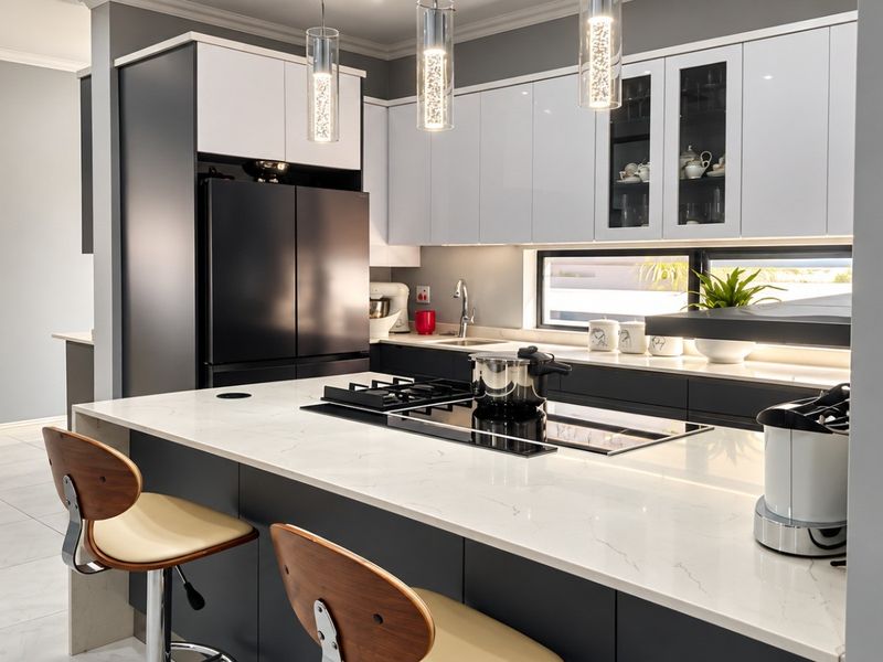 Modern kitchen featuring sleek two-tone cabinetry, high-quality quartz countertops, a central gas cooktop, and elegant pendant lighting.