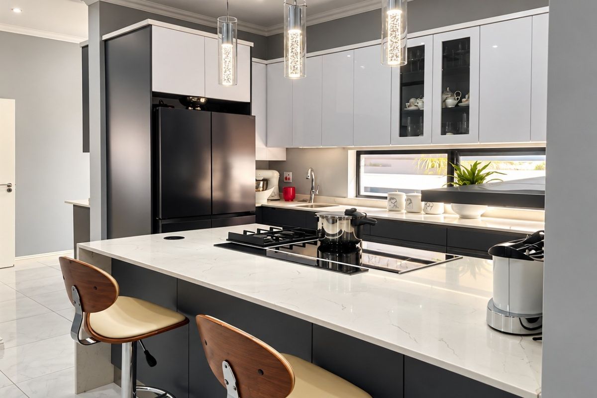 Modern kitchen featuring sleek two-tone cabinetry, high-quality quartz countertops, a central gas cooktop, and elegant pendant lighting.