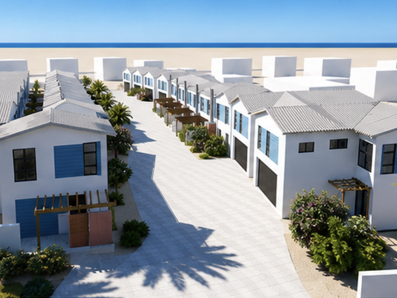 An aerial view of a modern townhouse complex featuring uniform architectural design, paved driveways, and landscaped outdoor areas near the coast.