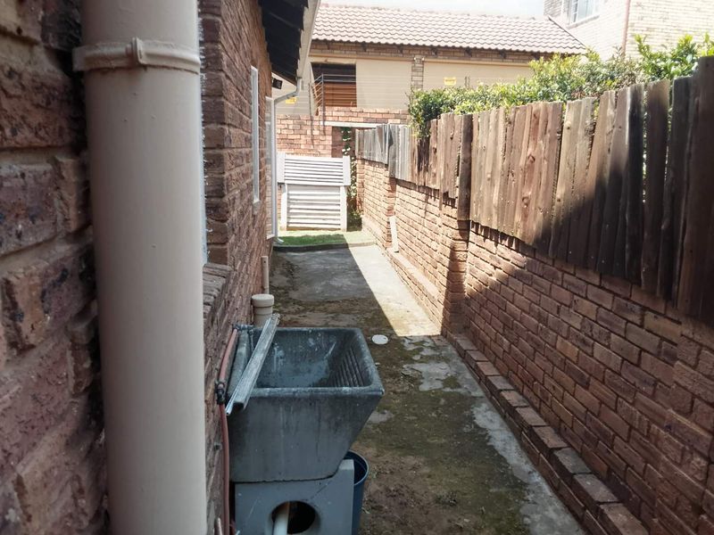 A narrow rear exterior side passage featuring a brick boundary wall, concrete utility sink, and paved walkway with visible weathering.