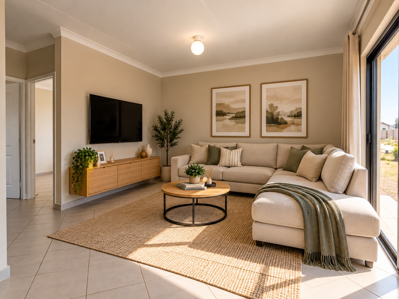 A bright and modern living room featuring tiled flooring, a floating media console, and large sliding glass doors providing access to the outdoors.