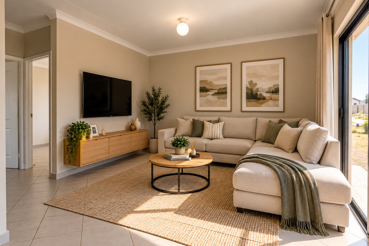A bright and modern living room featuring tiled flooring, a floating media console, and large sliding glass doors providing access to the outdoors.