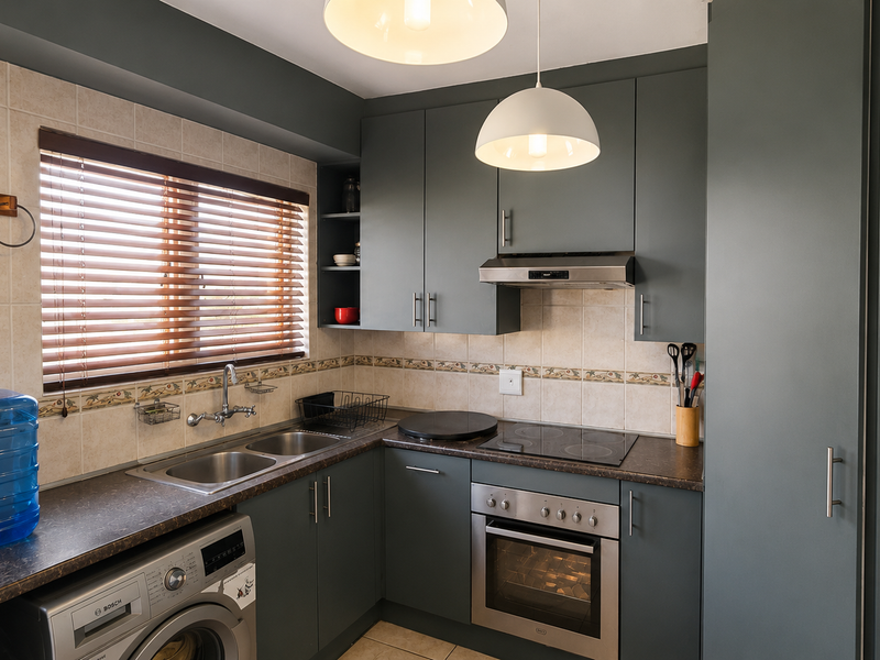 A modern kitchen featuring dark grey cabinetry, integrated oven and hob, double sink, and tiled backsplash with neutral tones.