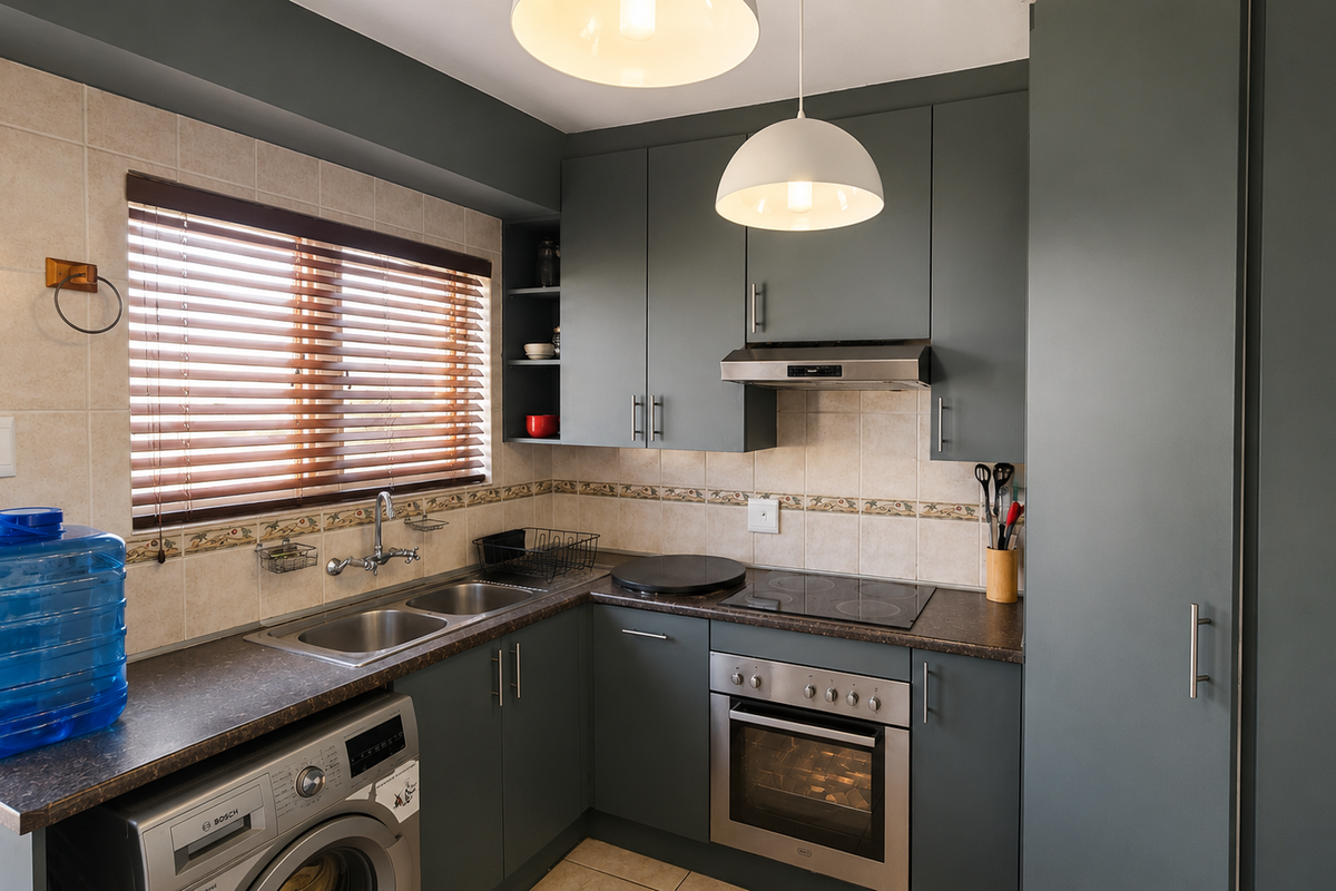 A modern kitchen featuring dark grey cabinetry, integrated oven and hob, double sink, and tiled backsplash with neutral tones.