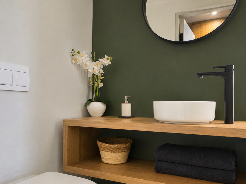 Modern bathroom featuring a timber vanity shelf, vessel sink with black tapware, and a wall-mounted toilet flush plate against a green accent wall.