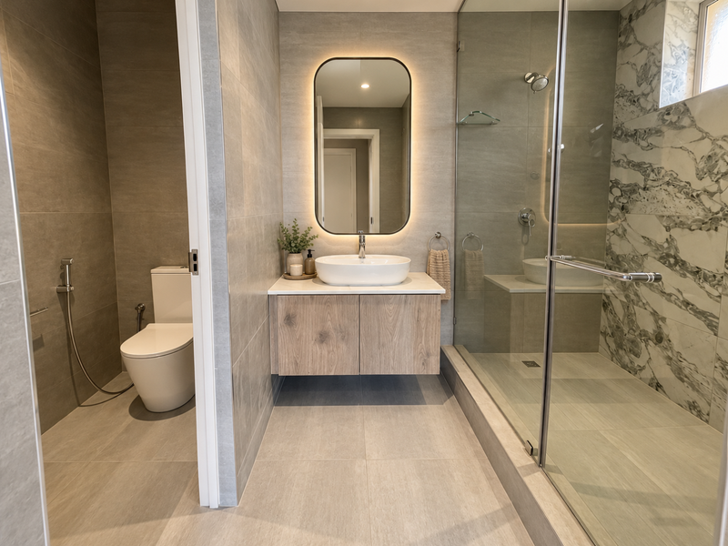 Modern bathroom featuring a wall-hung vanity, vessel sink, backlit mirror, and a spacious glass-enclosed shower with marble-look feature tiling.