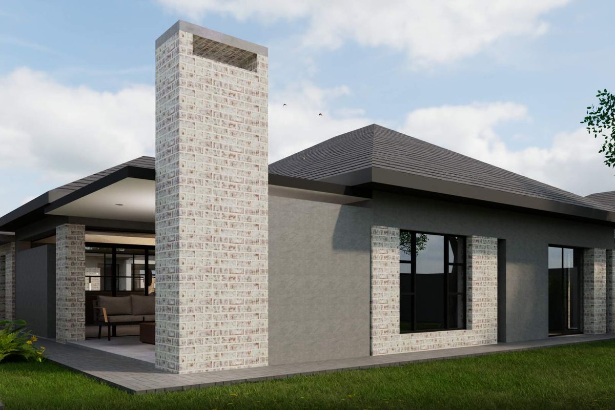 A modern townhouse exterior featuring a prominent brick chimney, covered patio area, and clean architectural lines with a well-maintained lawn.