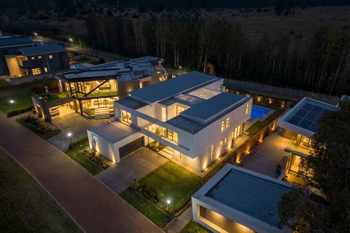 Aerial night view of a modern luxury residential property featuring contemporary architecture, landscaped gardens, a swimming pool, and paved driveway.