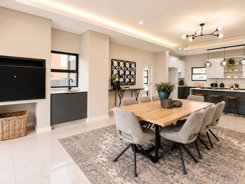Modern open-plan living and dining area featuring a sleek kitchen with island, built-in cabinetry, recessed lighting, and seamless flow to the outdoor space.