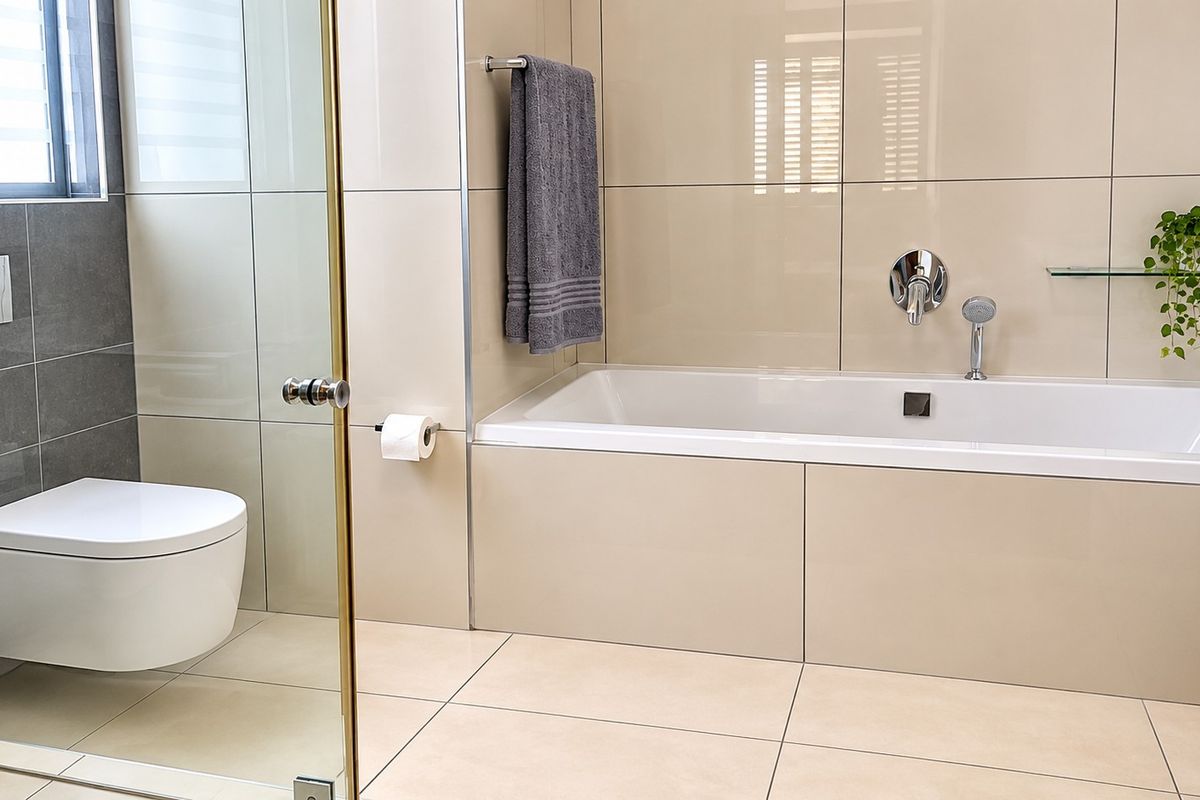 Modern bathroom featuring a wall-mounted toilet with concealed cistern, a built-in bathtub with chrome fixtures, and neutral large-format wall and floor tiles.
