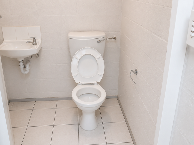 A clean, functional industrial-style bathroom featuring a wall-mounted basin, toilet, and tiled flooring with neutral finishes.