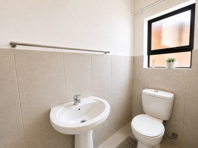 A clean and functional bathroom featuring a pedestal basin, toilet, and neutral wall tiling with a window for natural light.