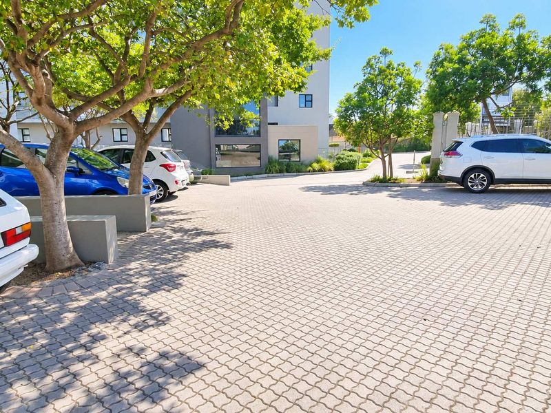 A well-maintained paved parking area and driveway leading to the office building entrance, featuring mature trees and concrete landscaping elements.