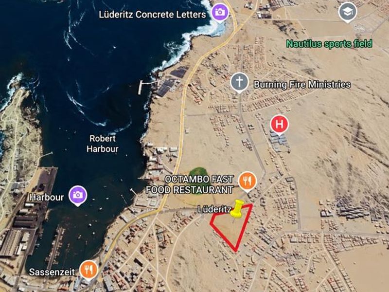An aerial view of the Lüderitz area highlighting the location of the vacant commercial land plot.