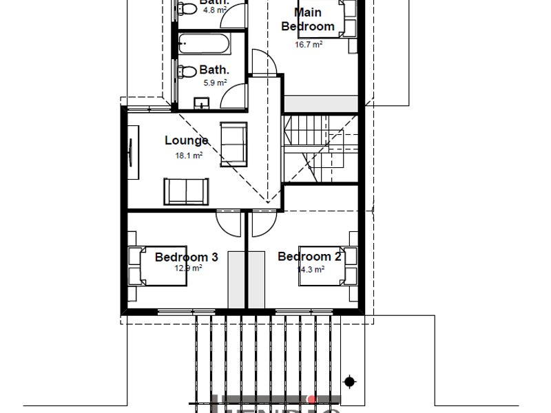 A detailed first-floor architectural floor plan showing the layout of three bedrooms, two bathrooms, and a lounge area.