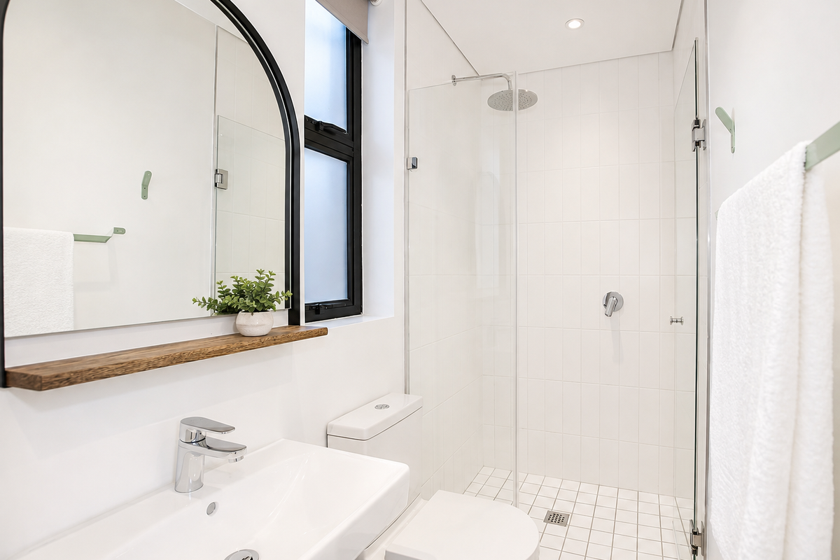 Modern bathroom featuring a walk-in shower with glass screen, white tiled finishes, contemporary basin with chrome mixer, and a sleek timber shelf.