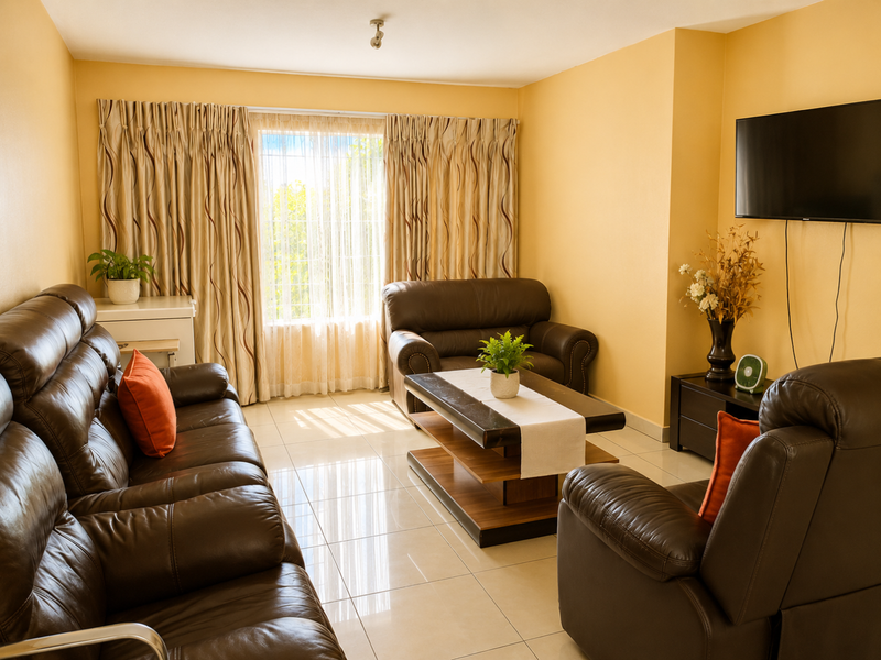 A comfortable living room featuring tiled flooring and a wall-mounted television, with natural light entering through a large window.