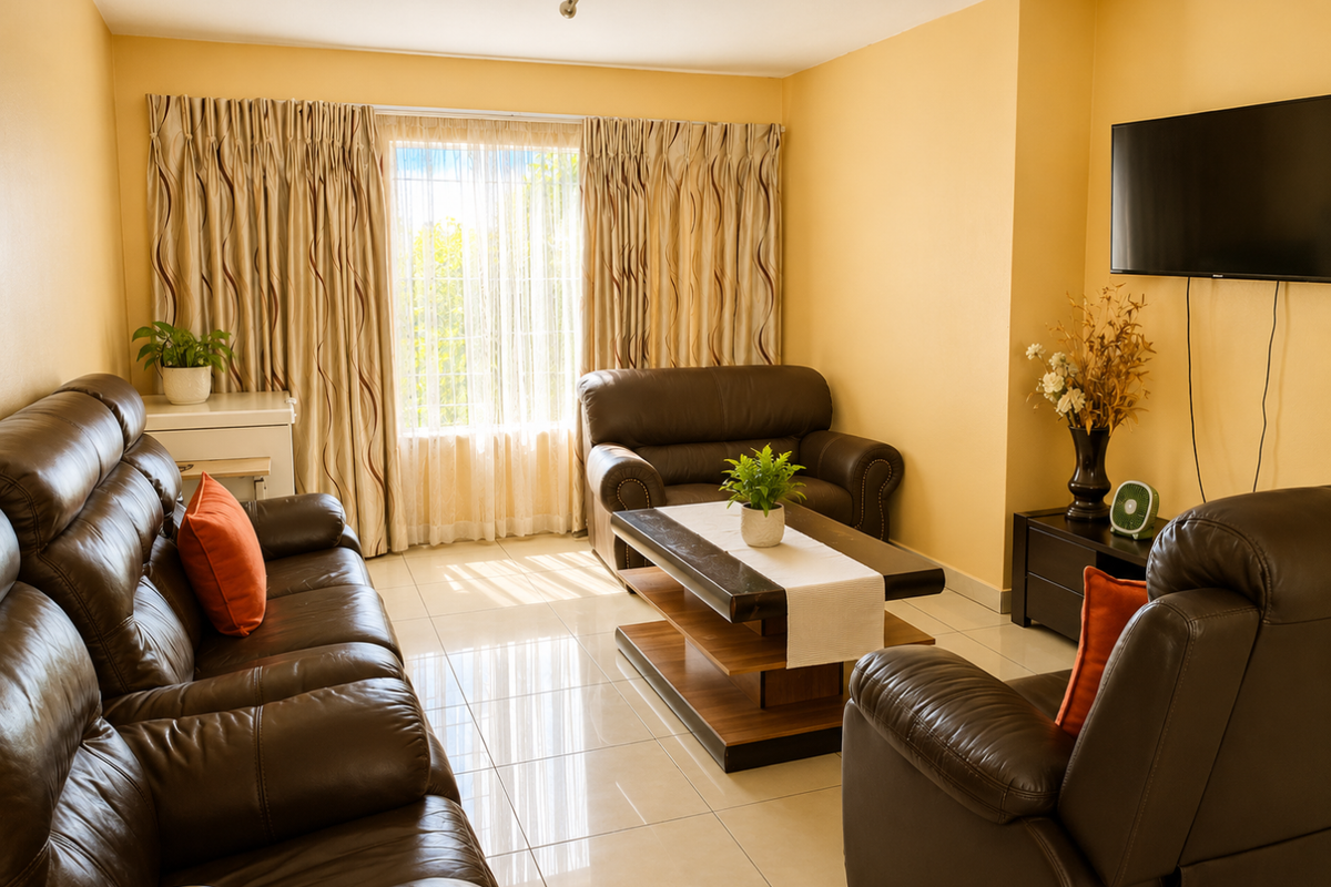 A comfortable living room featuring tiled flooring and a wall-mounted television, with natural light entering through a large window.