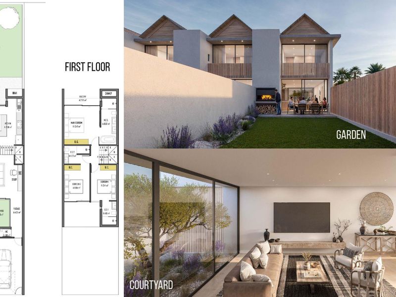A comprehensive architectural floor plan and visual rendering showcasing the layout and design of a modern townhouse property.