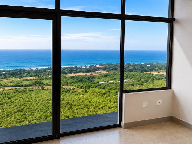 A bright, modern, and empty living space featuring expansive floor-to-ceiling windows with panoramic ocean and landscape views, finished with neutral floor tiles.