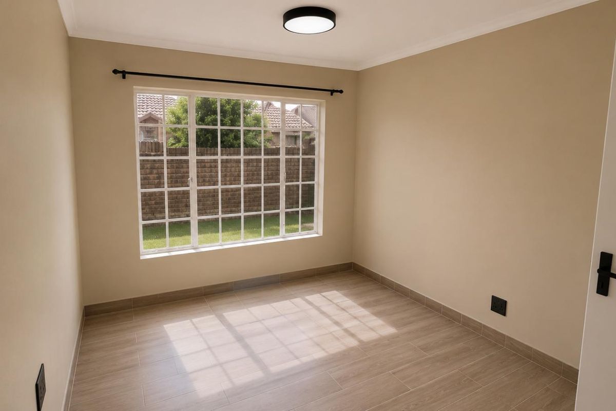 A bright, empty bedroom featuring neutral wall tones, modern tiled flooring, and a large grid-pattern window overlooking the garden.