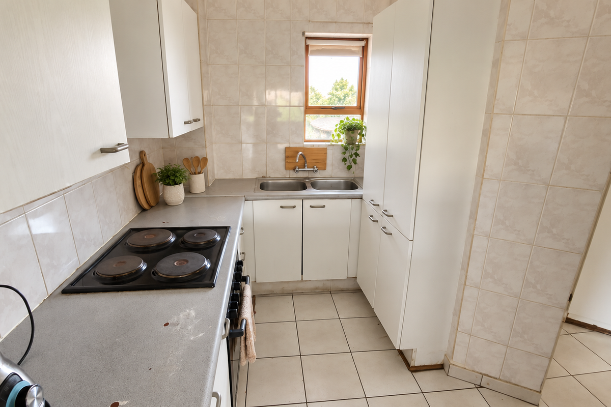 A functional kitchen featuring white cabinetry, a tiled splashback, an electric hob, and a double sink with a window view.