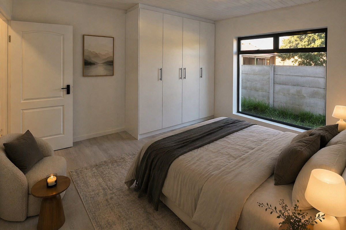 A well-appointed bedroom featuring built-in floor-to-ceiling wardrobes, modern laminate flooring, and a large window overlooking a private garden area.